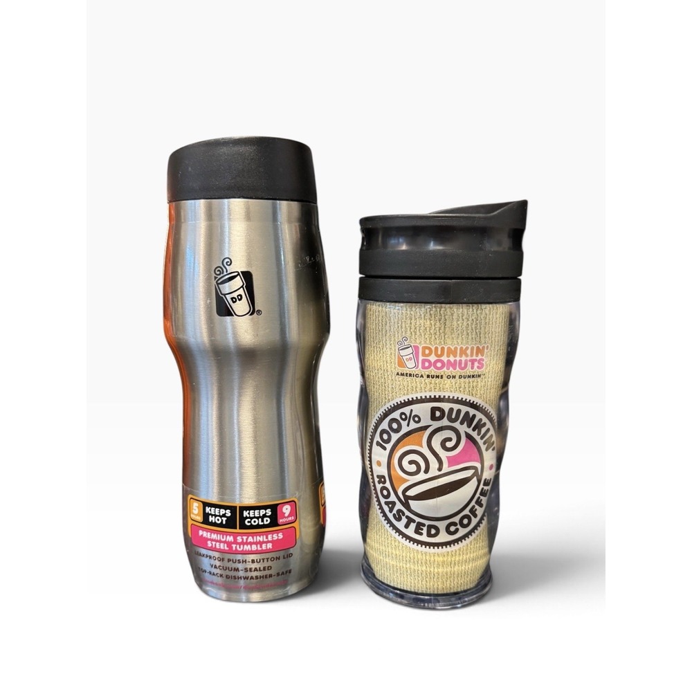 2012 Dunkin Donuts Premium Stainless Steel Tumbler 100% Roasted Coffee Mug Set